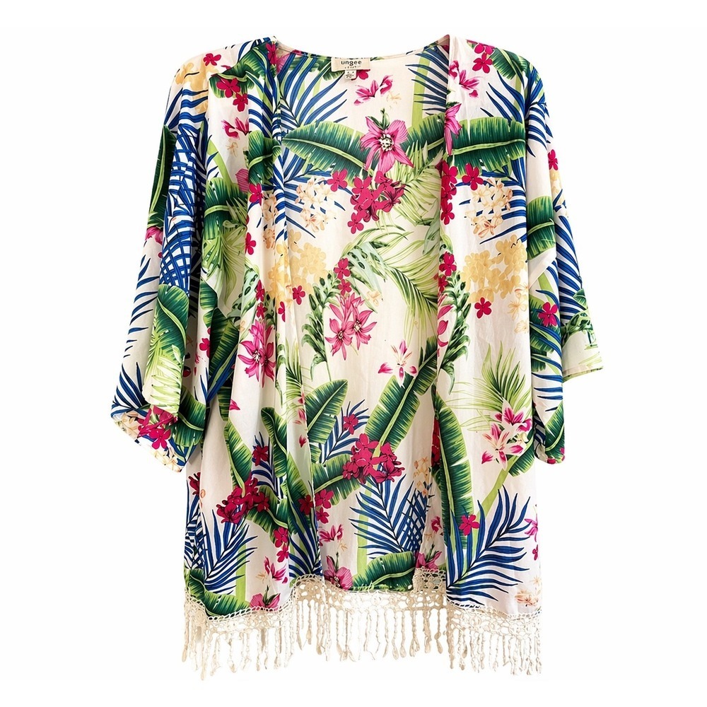 Umgee Tropical Floral Kimono Top L Boho Crochet Trim Cover Up Open Front
